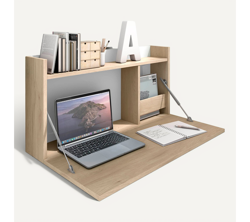 Bureau Mural Fabriqué En Mélamine Avec Porte Pliable, Modèle Turin, Couleur Chêne Clair Et Blanc