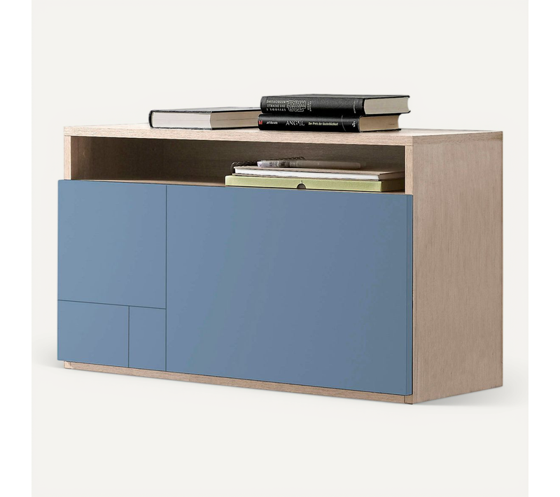 Bureau Mural En Mélamine Avec Porte Rabatable , Modèle Oporto En Couleur Chêne Clair Et Bleu