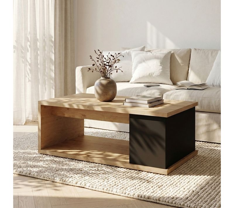 Table basse plateau relevable avec coffre DESPACITO Imitation chêne et Noir