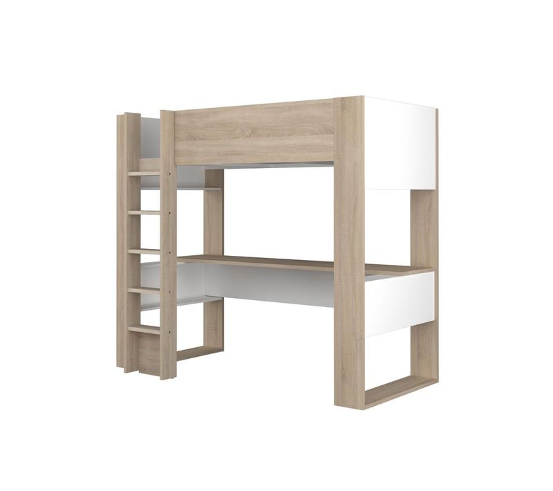 Lit Mezzanine Avec Bureau Et Rangements Intégrés - 90 X 200 Cm - Chêne Et Blanc - Noah Ii
