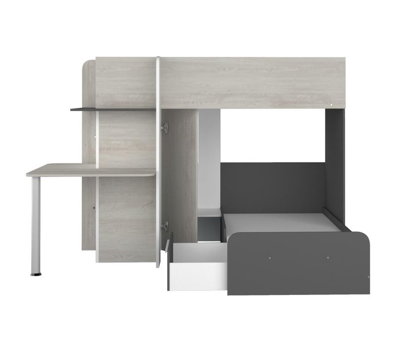 Lits Superposés D'angle 2 X 90 X 190 Cm - Avec Bureau - Gris, Blanc Et Noir - Samuel