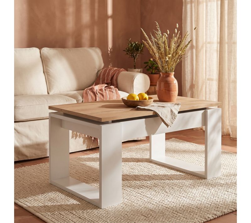 Table basse avec plateau relevable COSMIT imitation chêne et blanc