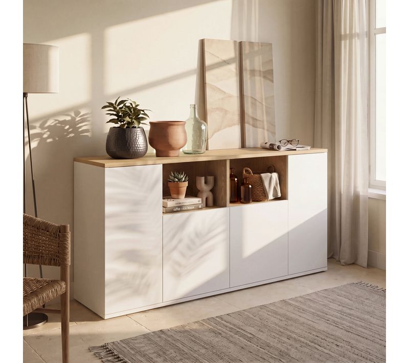 Buffet 4 portes AMAEL imitation chêne et blanc