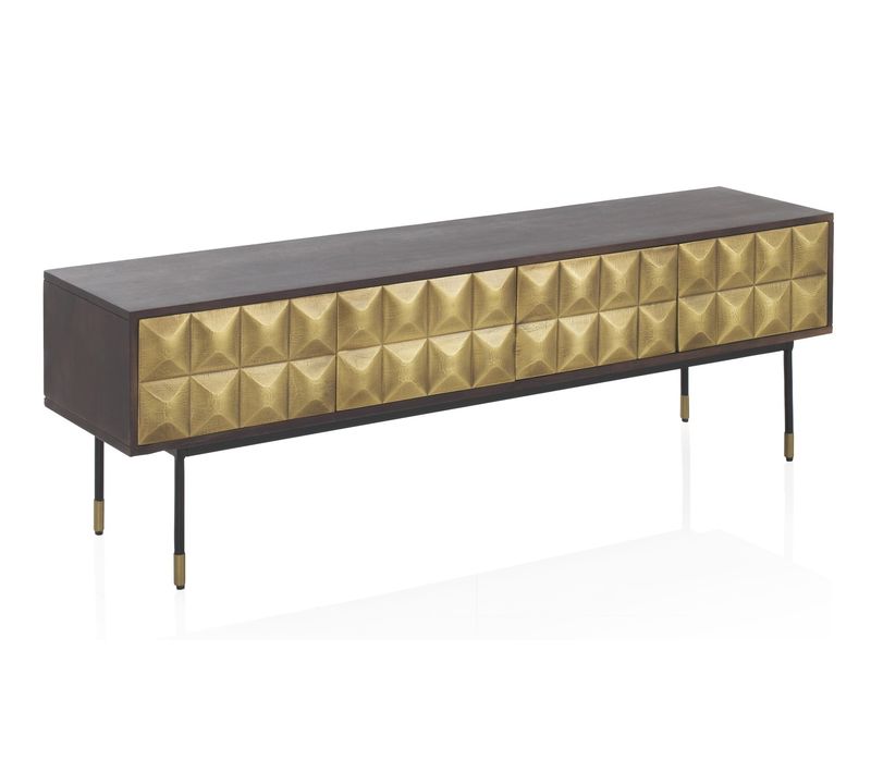 Meuble TV 4 Portes En Manguier Massif Avec Façade En Laiton Doré