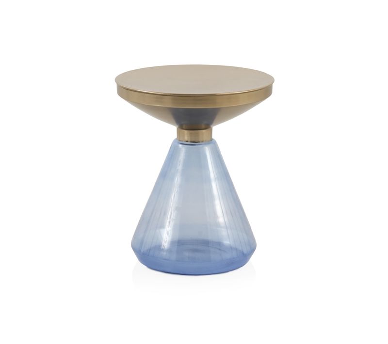 Table D'appoint Avec Base En Verre Bleu Et Plateau En Métal Doré