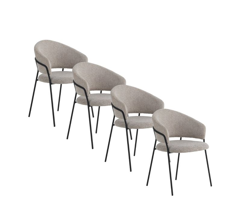 Lot De 4 Fauteuils Tapissés En Chenille  Beige Et Pieds En Métal  Noir