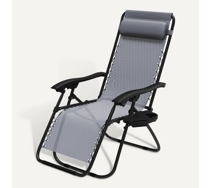 Chaise Longue Inclinable En Textilene Avec Porte Gobelet Et Portable Gris