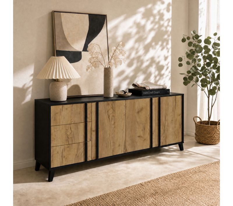 Buffet 3 portes 3 tiroirs OTAWA Imitation chêne et noir