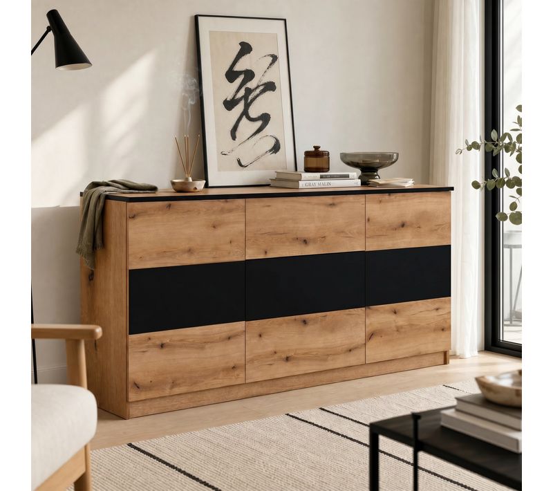 Buffet 2 portes 3 tiroirs L.180cm BERLIOZ Imitation chêne et noir
