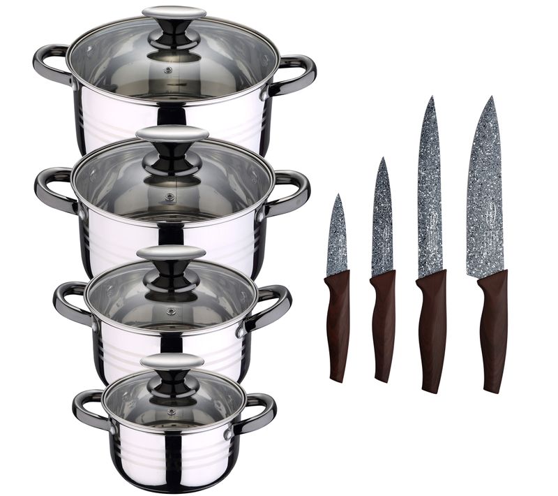 Batterie De Cuisine À Induction En Acier  De 8 Pièces Avec Jeu De 4 Couteaux De Cuisine En Acier