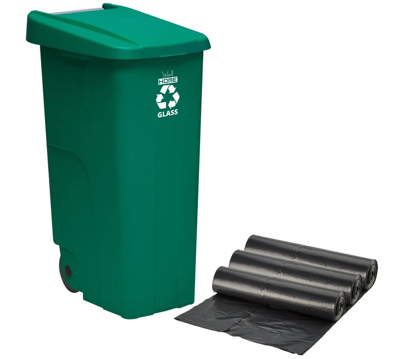 Conteneur  Recyclage 110l, Fermé Avec Couvercle, Avec Roues + Sacs À Ordures À 10 Unités 3x