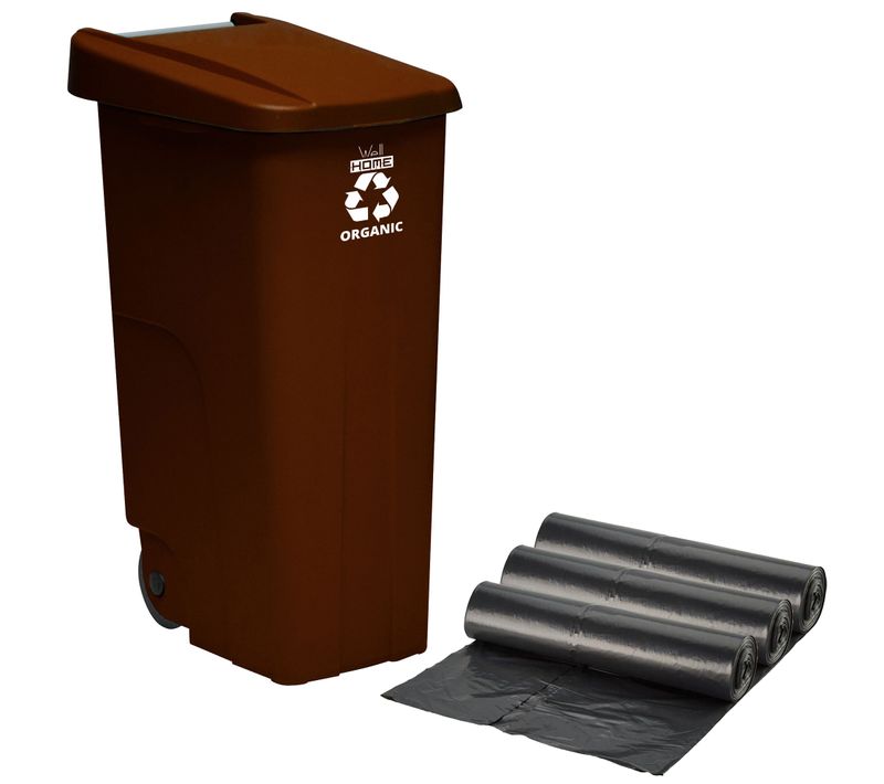 Conteneur  Recycler 110 Litres, Fermé Avec Couvercle, Avec Roues + Sacs À Ordures 3x 10u
