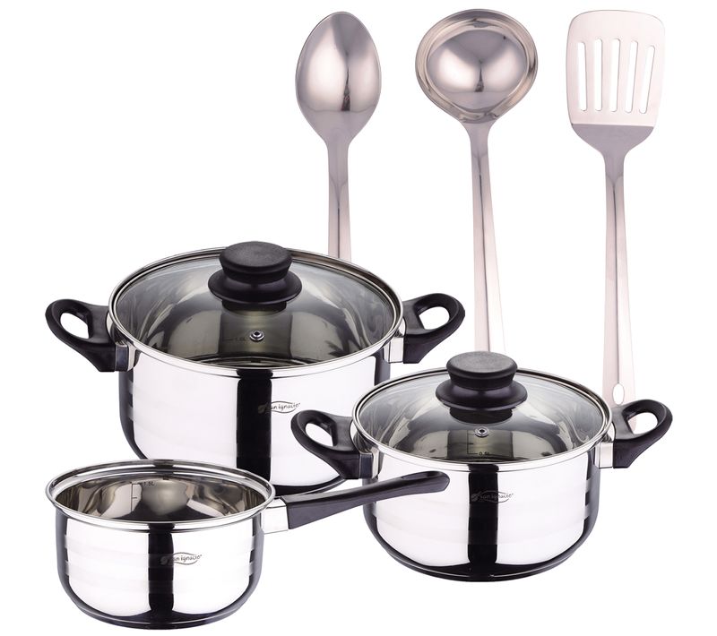 5 Pièces Cuisine Batterie + 3pc Set Ustensiles De Cuisine En Acier Inoxydable