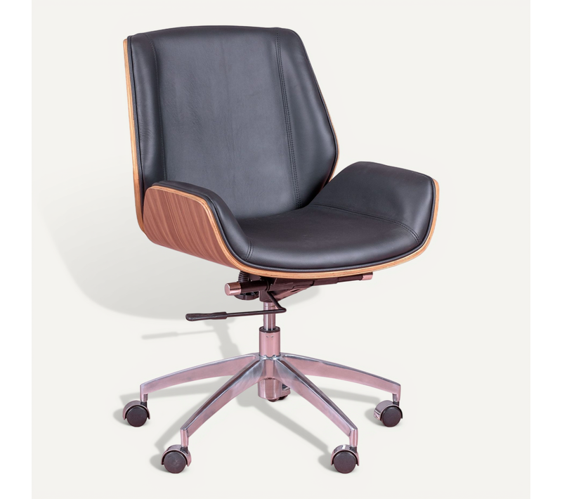 Chaise De Bureau En Noyer Et Recouverte De Cuir Italien - Nordic, Noir, H.88cm, L.60cm, P.60cm