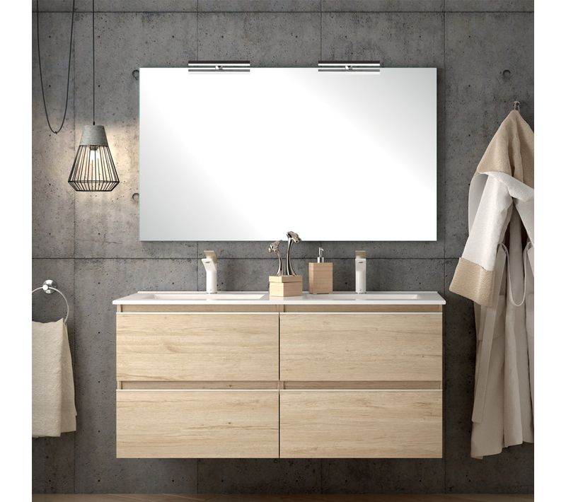 Meuble De Salle De Bain 120cm Double Vasque - 4 Tiroirs - Balea - Bambou (chêne Clair)
