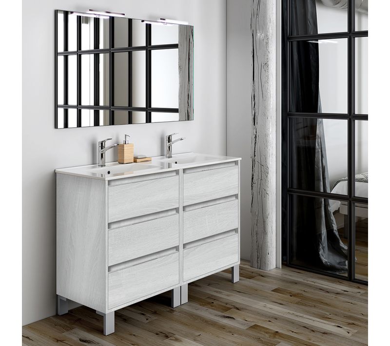 Meuble De Salle De Bain 120cm Double Vasque - 6 Tiroirs - Tiris 3c - Hibernian (bois Blanchi)