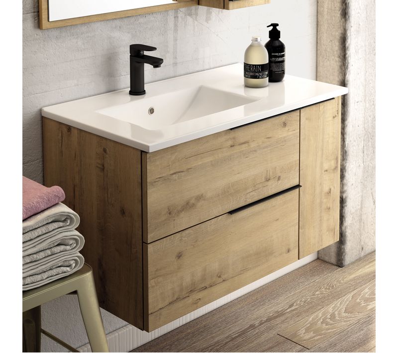 Meuble De Salle De Bain 80cm Vasque Déportée - 2 Tiroirs - Sans Miroir - King - Roble (chêne Clair)