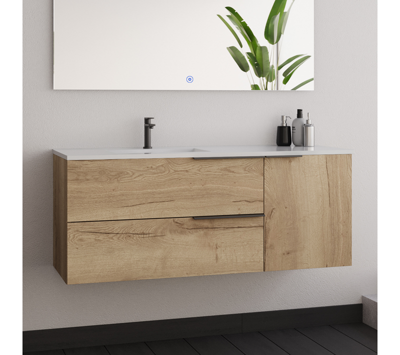 Meuble De Salle De Bain 120cm Vasque Deportée - 2 Tiroirs - Sans Miroir - King - Roble (chêne Clair)
