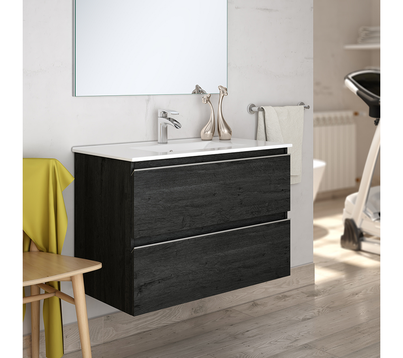 Meuble De Salle De Bain 60cm Simple Vasque - 2 Tiroirs - Sans Miroir - Balea - Ebony (bois Noir)