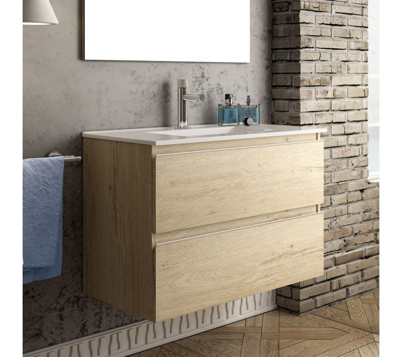 Meuble De Salle De Bain 80cm Simple Vasque - 2 Tiroirs - Sans Miroir - Balea - Bambou (chêne Clair)