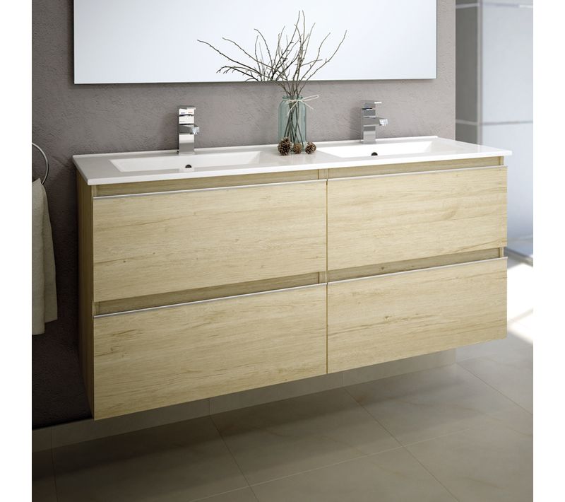 Meuble De Salle De Bain 140cm Double Vasque - Sans Miroir - Balea - Bambou (chêne Clair)