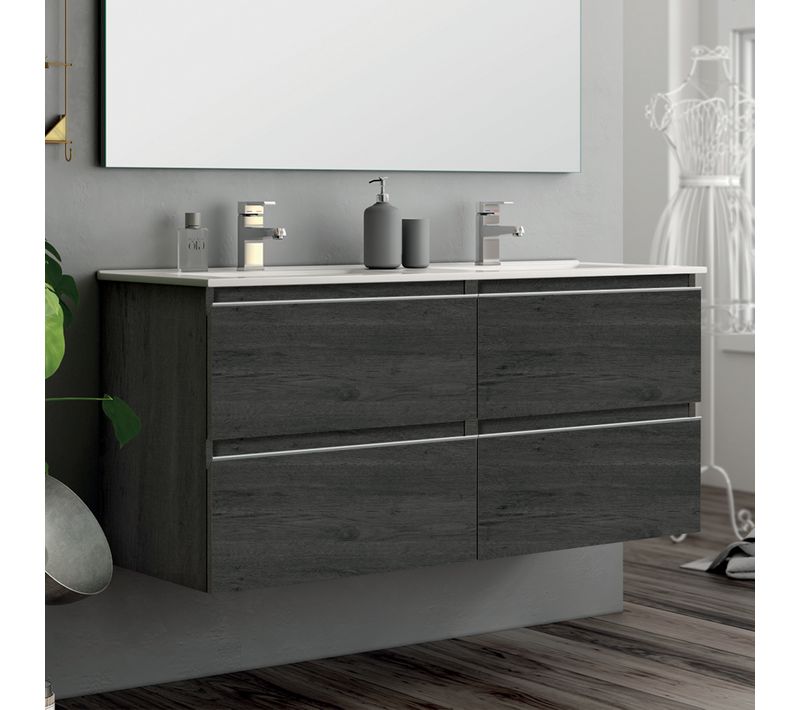 Meuble De Salle De Bain 140cm Double Vasque - 4 Tiroirs - Sans Miroir - Balea - Ebony (bois Noir)