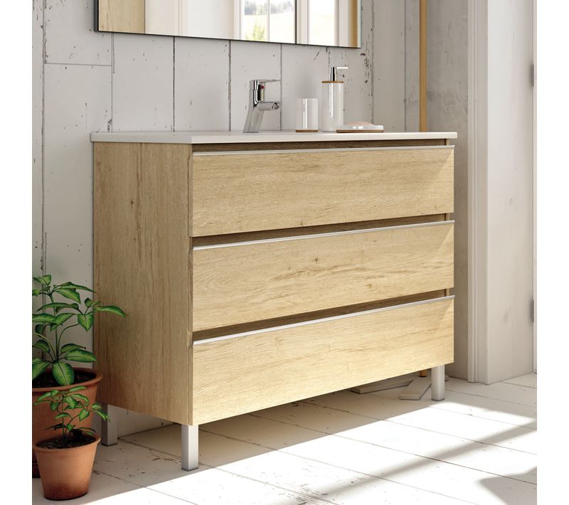 Meuble De Salle De Bain 70cm Simple Vasque - 3 Tiroirs - Sans Miroir - Palma - Bambou (chêne Clair)