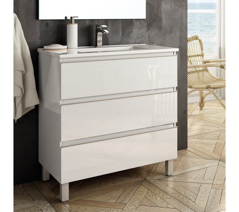 Meuble De Salle De Bain 80cm Simple Vasque - 3 Tiroirs - Sans Miroir - Palma - Blanc
