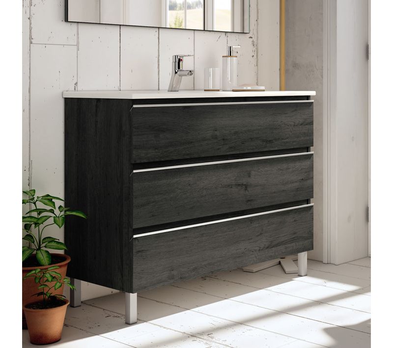 Meuble De Salle De Bain 80cm Simple Vasque - 3 Tiroirs - Sans Miroir - Palma - Ebony (bois Noir)