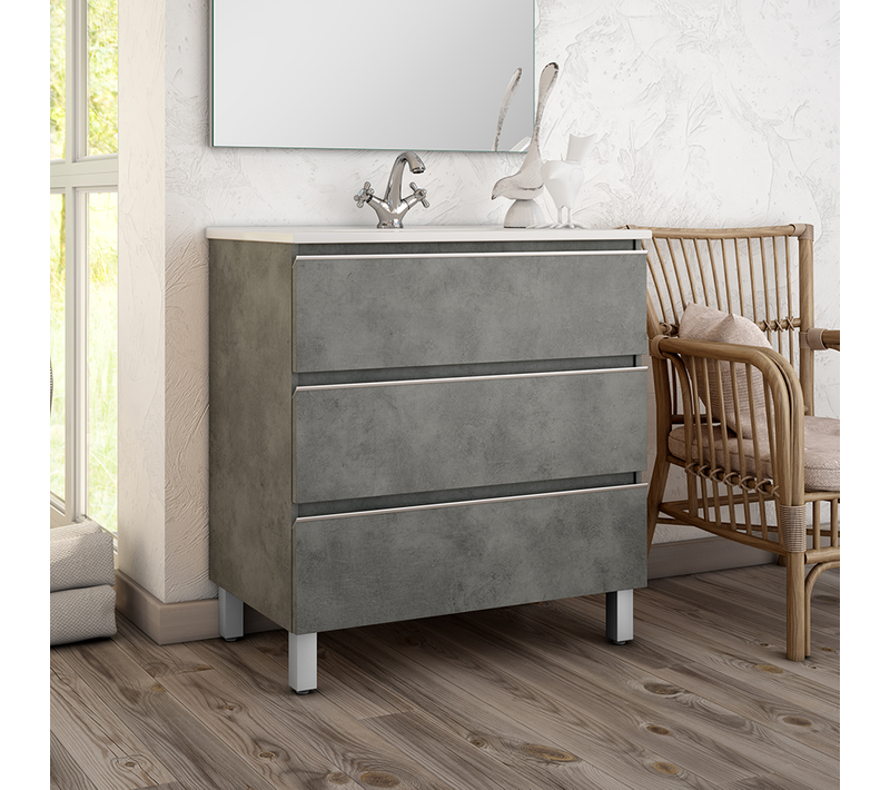 Meuble De Salle De Bain 100cm Simple Vasque - 3 Tiroirs - Sans Miroir - Palma - Ciment (gris)