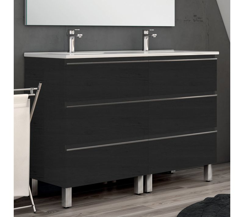 Meuble De Salle De Bain 120cm Double Vasque - 6 Tiroirs - Sans Miroir - Palma - Ebony (bois Noir)