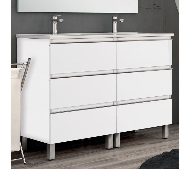 Meuble De Salle De Bain 140cm Double Vasque - 6 Tiroirs - Sans Miroir - Palma - Blanc