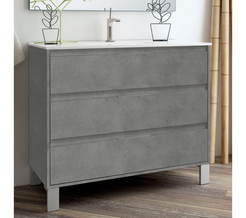 Meuble De Salle De Bain 100cm Simple Vasque - 3 Tiroirs - Sans Miroir - Tiris 3c - Ciment (gris)