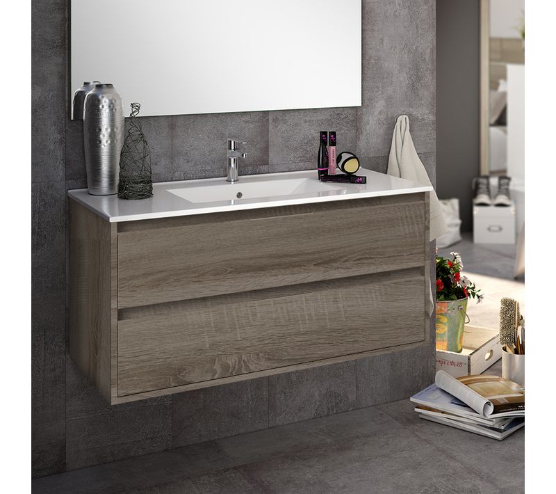 Meuble De Salle De Bain 100cm Simple Vasque - Sans Miroir - Iris - Britannia (chêne Foncé)