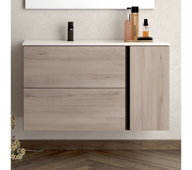 Meuble De Salle De Bain 80 Cm Vasque Déportée - 2 Tiroirs - Sans Miroir - Prado - Oak (chêne Brut)