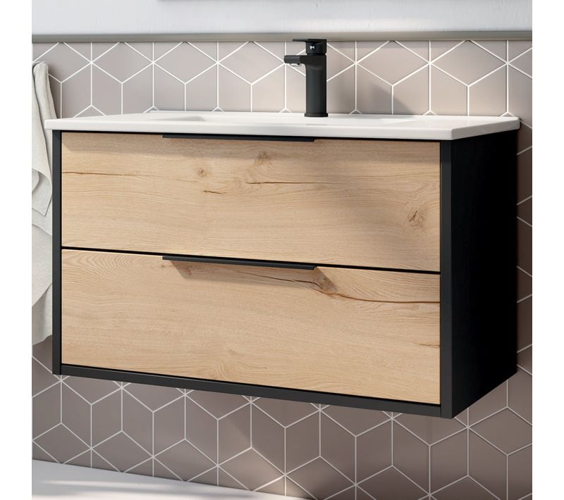 Meuble De Salle De Bain 80cm Simple Vasque - 2 Tiroirs - Sans Miroir - Alba - Noir/roble