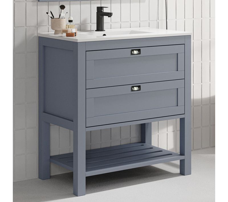 Meuble De Salle De Bain 80 Cm Simple Vasque - Pin Massif - 2 Tiroirs - Sans Miroir - Pyla - Bleu