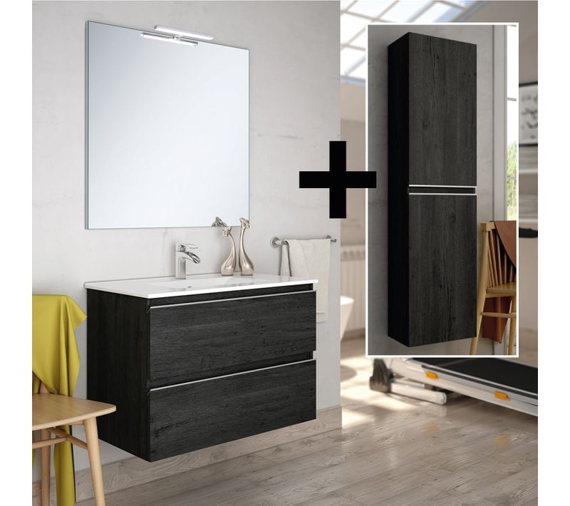 Meuble De Salle De Bain 70cm Simple Vasque + Colonne De Rangement - Balea - Ebony (bois Noir)