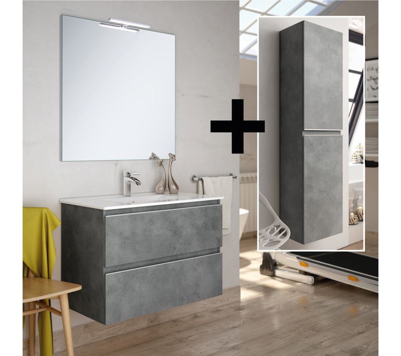 Ensemble Meuble De Salle De Bain 100cm Simple Vasque + Colonne De Rangement - Balea - Ciment (gris)