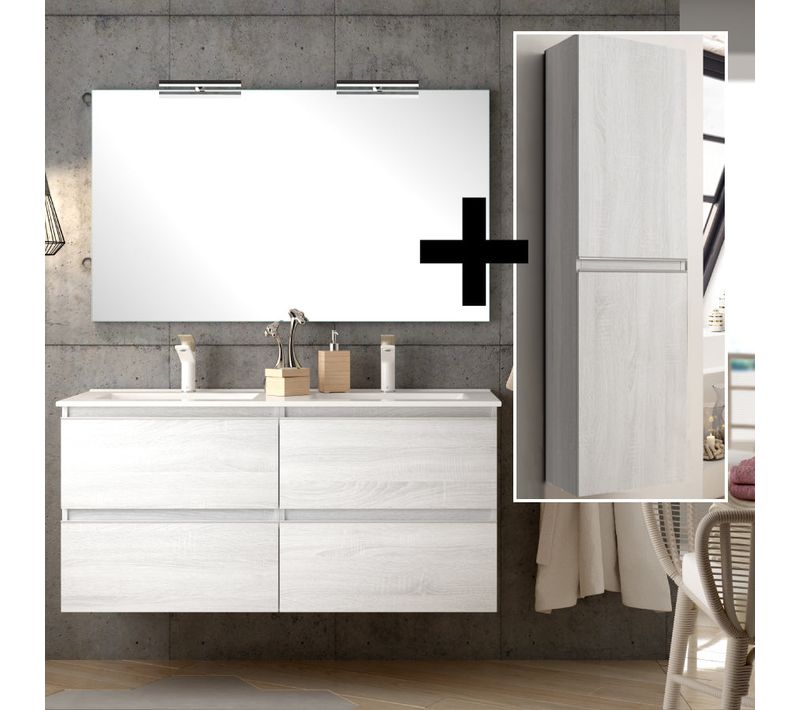 Meuble De Salle De Bain 120cm Double Vasque + Colonne De Rangement - Balea - Bois Blanchi
