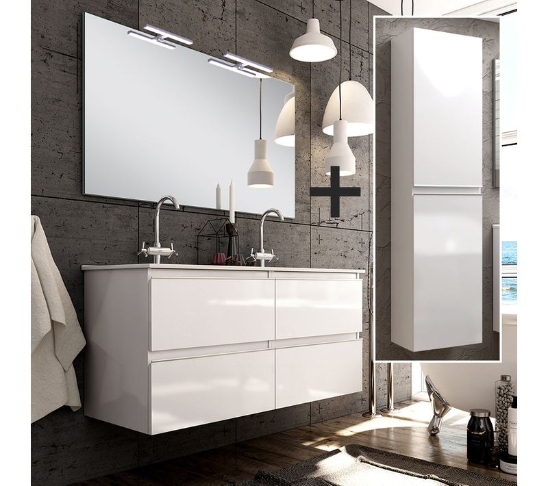 Ensemble Meuble De Salle De Bain 120cm Double Vasque + Colonne De Rangement - Balea - Blanc