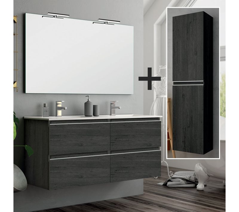 Meuble De Salle De Bain 120cm Double Vasque + Colonne De Rangement - Balea - Ebony (bois Noir)