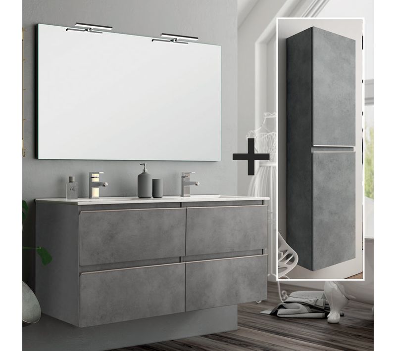 Ensemble Meuble De Salle De Bain 140cm Double Vasque + Colonne De Rangement - Balea - Ciment (gris)