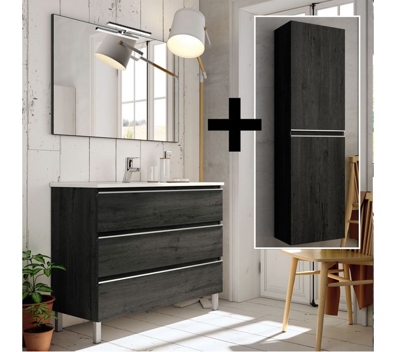 Meuble De Salle De Bain 60cm Simple Vasque + Colonne De Rangement Palma - Ebony (bois Noir)