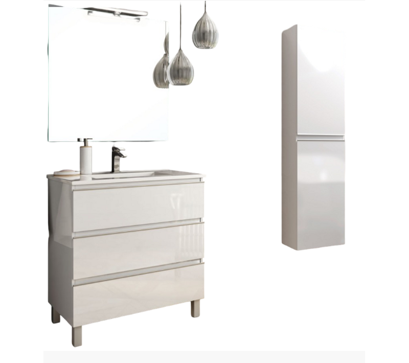 Meuble De Salle De Bain 80cm Simple Vasque + Colonne De Rangement Palma - Blanc