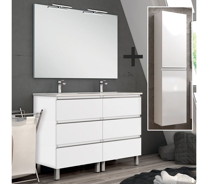 Ensemble Meuble De Salle De Bain 120cm Double Vasque + Colonne De Rangement Palma - Blanc