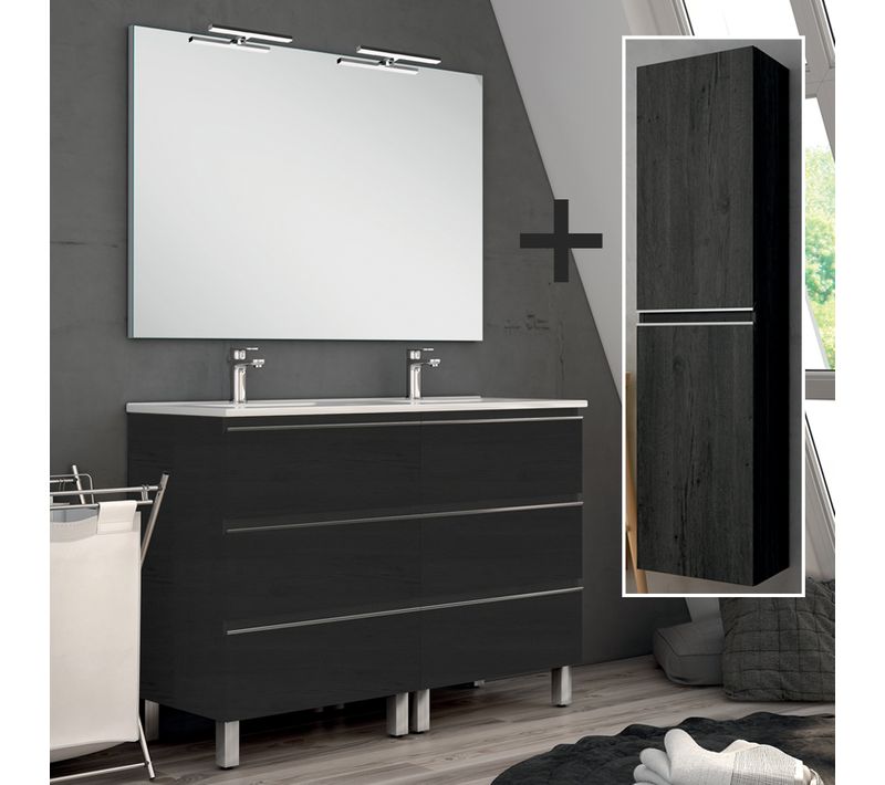 Meuble De Salle De Bain 140cm Double Vasque + Colonne De Rangement Palma - Ebony (bois Noir)