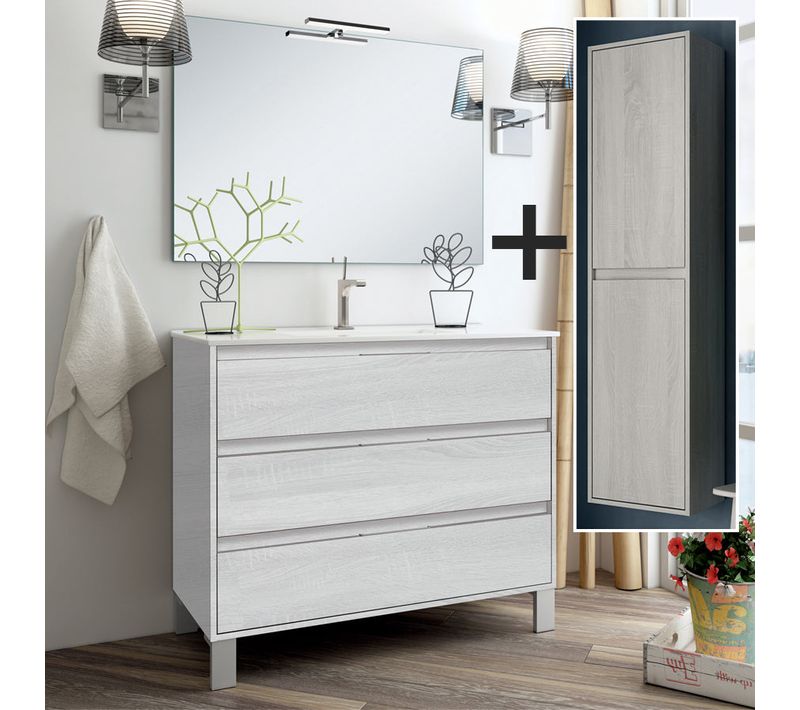 Meuble De Salle De Bain 100cm Simple Vasque + Colonne De Rangement Tiris - Hibernian (bois Blanchi)
