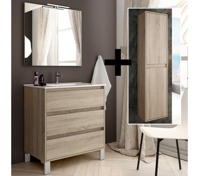 Ensemble Meuble De Salle De Bain 100cm Simple Vasque + Colonne De Rangement Tiris - Cambrian (chêne)