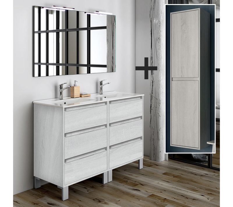 Meuble De Salle De Bain 120cm Double Vasque + Colonne De Rangement Tiris - Hibernian (bois Blanchi)